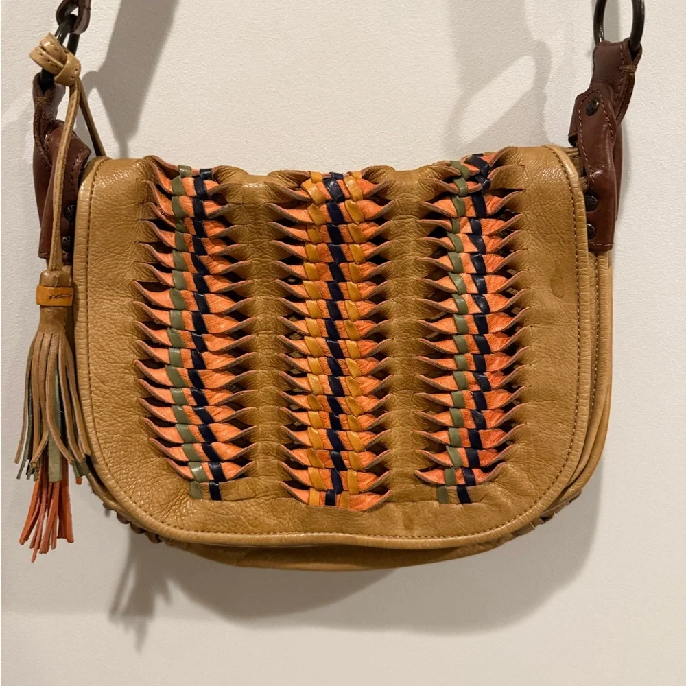 Women’s Frye Woven Leather Crossbody Messenger Multi-Color Western Tassel Bag - Picture 2 of 13